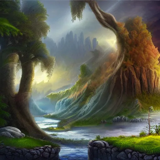 Image similar to mystical fantasy landscape, realistic