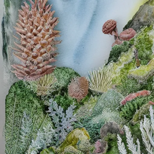 Prompt: delicate coastline mountain garden on paper, stony, puffy, botanical herbarium, botanic watercolors, iridescent, 8 k wide angle, realistic shaded, fine details, artstation, italian, rainbow, colonnade, oak, pinecone, pomegranade, vines, gardena architecture, pompeian, sicilian