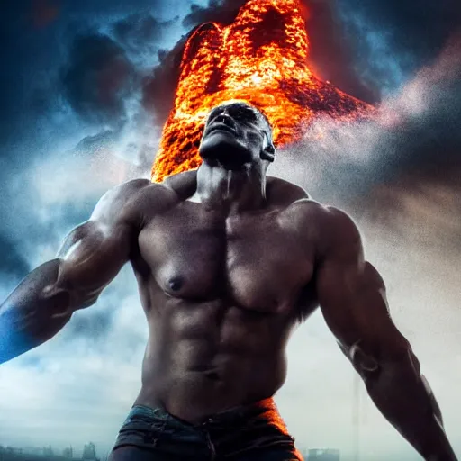 Image similar to Dark powerful muscular giant all on fire with only one eye, destroying city, realistic photo, high detailed