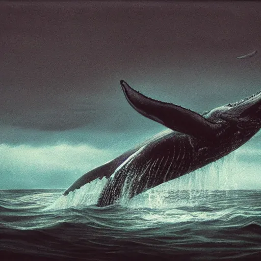 Image similar to maori girl riding a whale in ocean ,in the rain, style of Hiroshi Sugimoto ,atmospheric illustration, horror