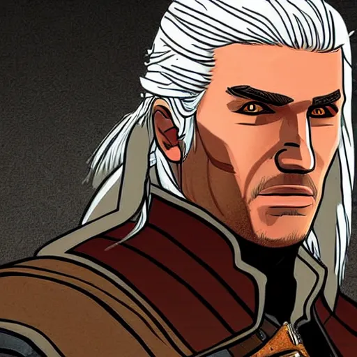 Prompt: precisely drawn illustration of geralt of rivia drawn in the style of the dragon prince