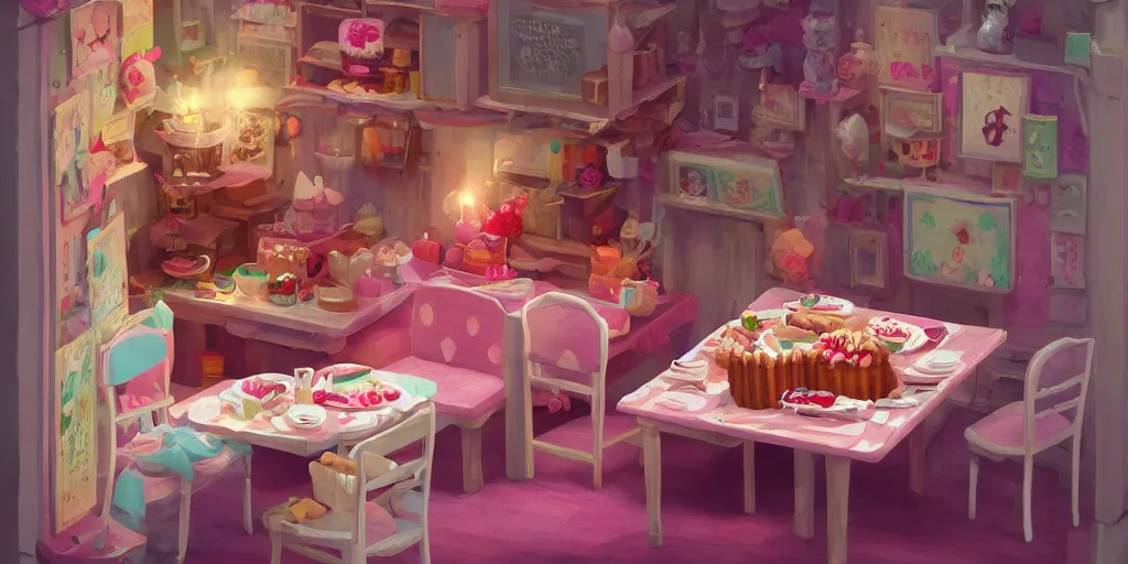 Prompt: a little smile in a house made of cake, the walls in biscuits, a chair in strawberry cake, the table in cake, kawaii, chris moore, trend on artstation