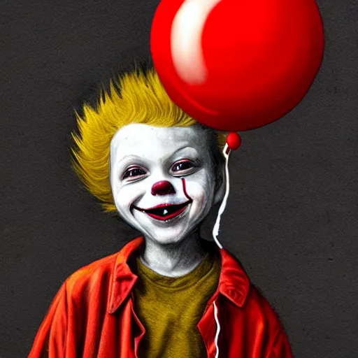 Prompt: surrealism grunge cartoon portrait sketch of a little boy with a wide smile wearing a yellow raincoat with a red balloon by - michael karcz, loony toons style, pennywise style, horror theme, detailed, elegant, intricate