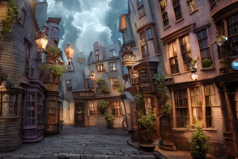 Prompt: photo of a diorama of diagon alley, outside view, extreme details, soft lighting, hyper realistic octane render, depth of field, 8 k