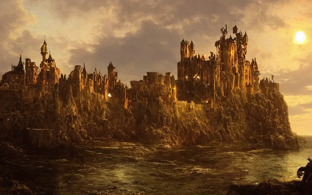 Prompt: large grand royal medieval castle at dusk, on a hill, small town surrounding, steampunk, ocean in the distance, cinematic lighting, intricate ink illustration, by albert bierstadt