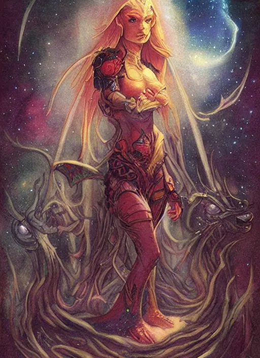 Image similar to portrait of female elf space queen, night sky background, beautiful! coherent! by brom, by brian froud, deep color, strong line, high contrast