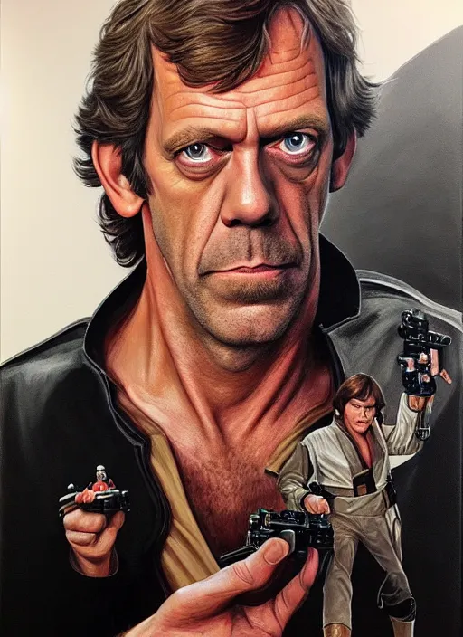 Image similar to upper body portrait of hugh laurie as han solo in star wars ( 1 9 7 7 ), wearing han solos clothes, wearing a black vest and a white shirt, hyperrealistic, very detailed painting by glenn fabry, by joao ruas, by artgerm