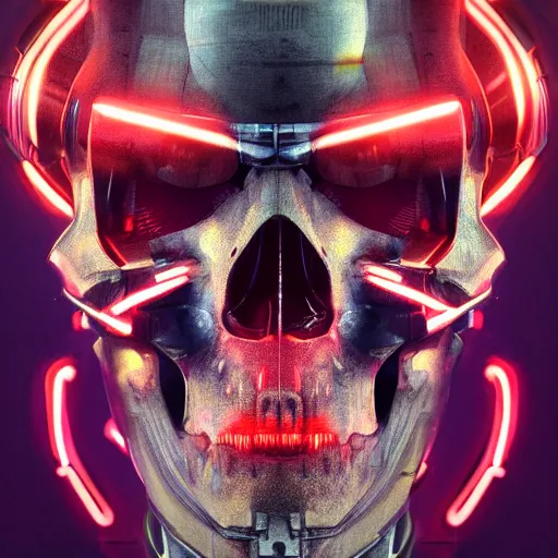 Image similar to centered hyperdetailed portrait of a mecha skull ronin, 8k, digital painting, futuristic, neon lights, trending on CG society