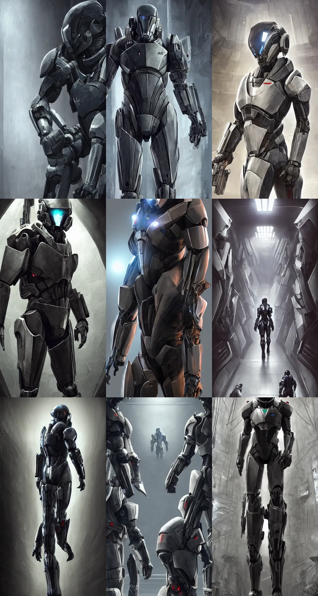 Prompt: ultra realistic, beautiful, concept art, layout, engineering, design, schematics, game assets, highly realistic, high detail, lifelike, sharp focus, form fitting power armor for men and women, mass effect, destiny, deus ex mankind divided, intricate, elegant, artstation, in futuristic hallway