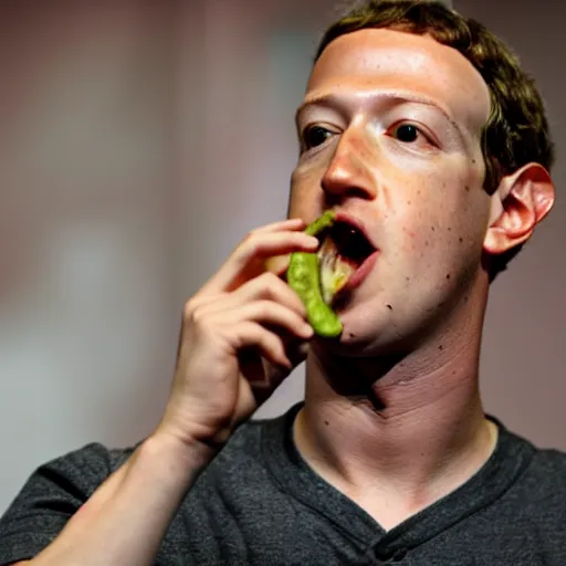 Image similar to mark zuckerberg eating a pickle, 4 k photograph, cinematic, ideal, no artifacts,