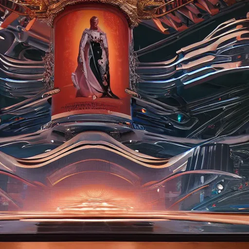 Image similar to sci-fi motherboard structure on the coronation of napoleon painting and digital billboard in the middle, unreal engine 5, keyshot, octane, artstation trending, ultra high detail, ultra realistic, cinematic, 8k, 16k, in style of zaha hadid, in style of nanospace Michael Menzelincev, in style of Lee SOUDER, colors in style of the Blade Runner 2049, in plastic, dark, tilt shift,