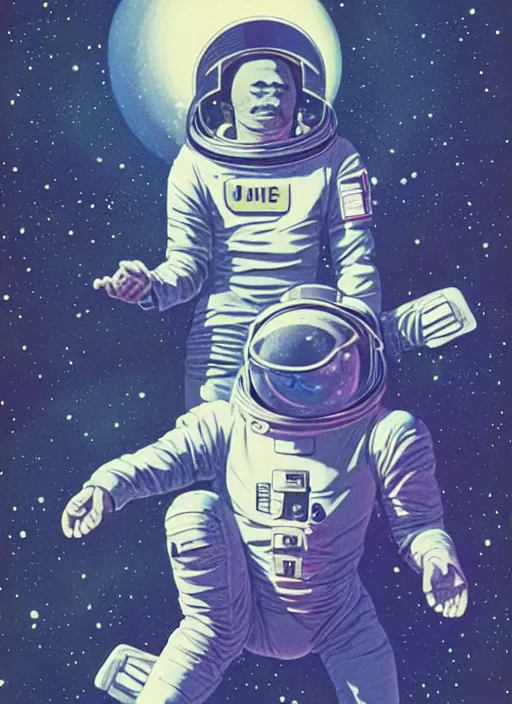 Prompt: a meditating astronaut, by vincent di fate, artgerm julie bell beeple, 1 9 8 0 s, inking, vintage 8 0 s print, screen print