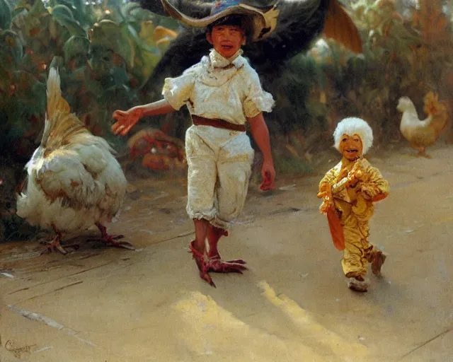 Image similar to a man dressed as a chicken scaring asian childrens, highly detailed painting by gaston bussiere, craig mullins, j. c. leyendecker 8 k