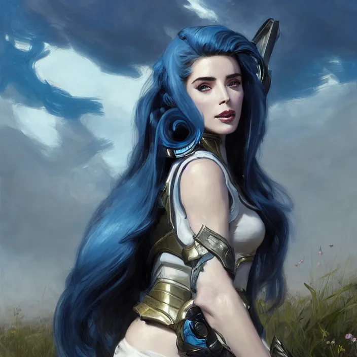 Image similar to portrait of a combination of Ashley Greene, Adriana Dxim, Grace Kelly and Lily Collins with blue hair in Warframe armor, countryside, calm, fantasy character portrait, dynamic pose, above view, sunny day, thunder clouds in the sky, artwork by Jeremy Lipkin and Giuseppe Dangelico Pino and Michael Garmash and Rob Rey and Greg Manchess and Huang Guangjian, very coherent asymmetrical artwork, sharp edges, perfect face, simple form, 100mm