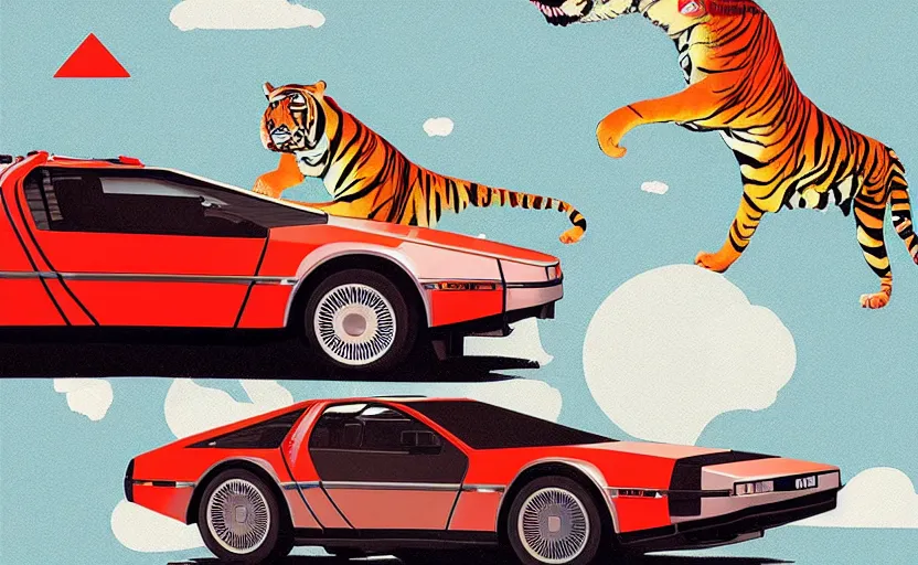 Prompt: a red delorean with a yellow tiger, art by hsiao - ron cheng & shinya edaki in a magazine collage style, # de 9 5 f 0