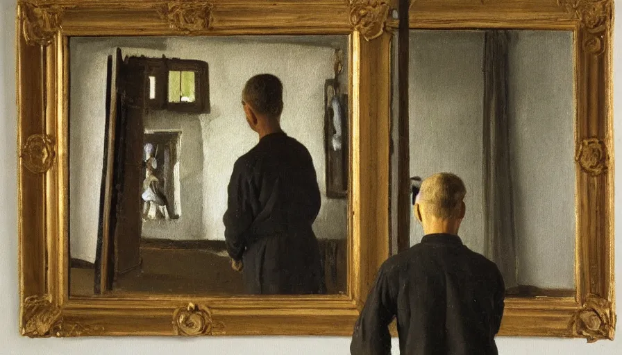 Image similar to painting by borremans, man back standing in front on the mirror and his back in the mirror with small village house and tiny tree, detailed, stunning