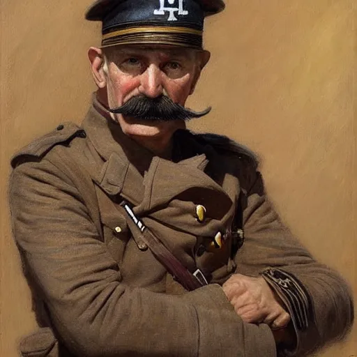 Prompt: old dog with big mustache dressed as a veteran colonel of the first world war german army, highly detailed painting by gaston bussiere, craig mullins, j. c. leyendecker