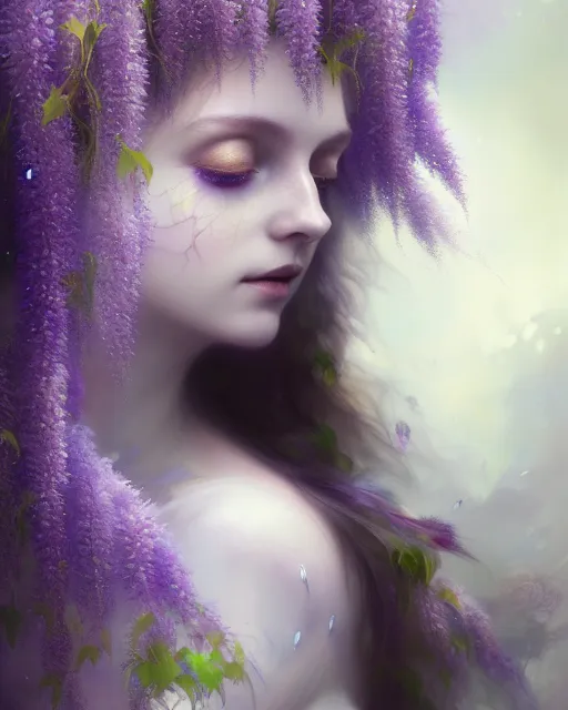 Image similar to Full View Portrait Mystical ethereal wisteria deity wearing beautiful dress, wisteria Dryad, 4k digital masterpiece by Anna dittman and Ruan Jia and Alberto Seveso, fantasycore, Hyperdetailed, realistic oil on linen, soft lighting, wisteria background, featured on Artstation