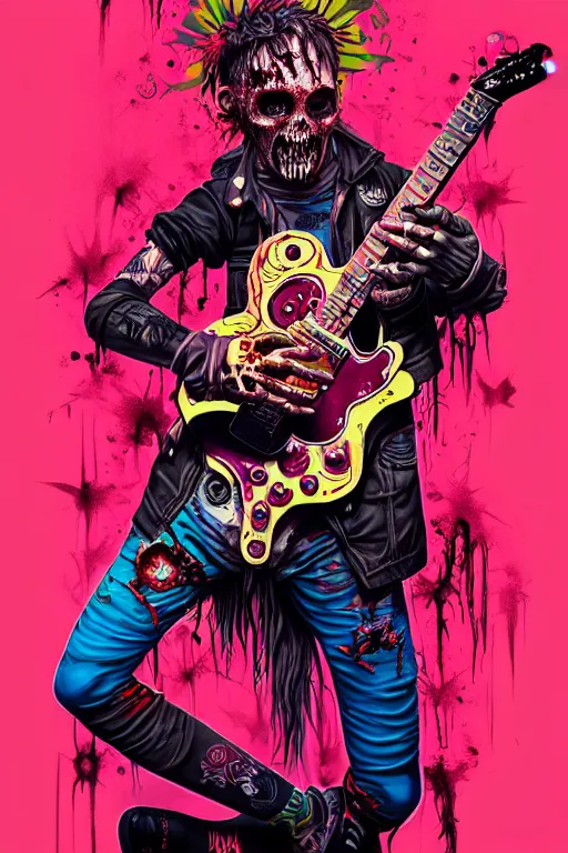 Image similar to zombie punk rocker playing guitar, tristan eaton, victo ngai, artgerm, rhads, ross draws, intricated details, 3 / 4 view, full body portrait, extremely luminous bright design, horror, pastel colours, toxic drips, autumn lights