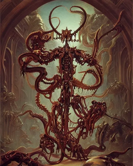 Image similar to elegant renaissance painting of biomechanical warhammer final boss creature vecna, art by bruce pennington and peter mohrbacher, epic bibical depiction, flesh and bones, teths and tentacles, corpses and shadows