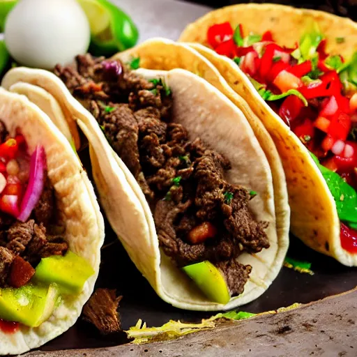 Prompt: fresh, steaming taco, beef taco, stuffed with extras, authentic street taco, sizzling beef