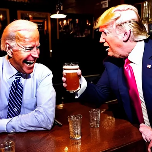 Image similar to joe biden and donald trump getting drunk together at a pub, laughing and joking, at night