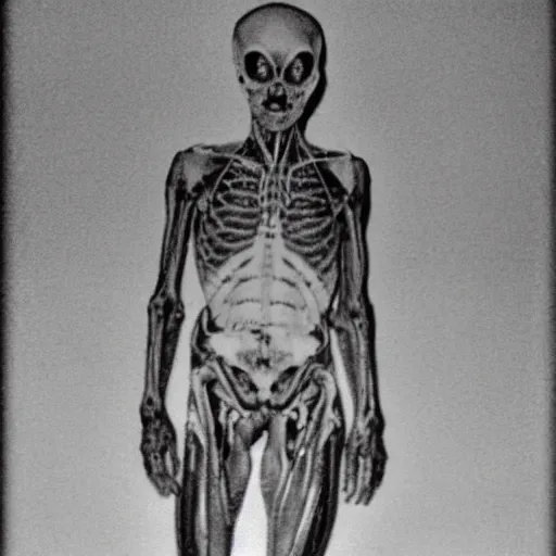 Prompt: grainy autopsy photos of an alien at area 5 1, gory, very realistic