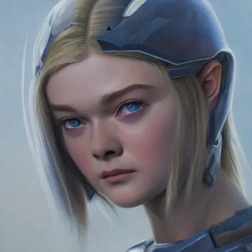 Prompt: ultra realistic painting of elle fanning in halo 2, art by frank frazetta, 4 k, ultra realistic, highly detailed, epic lighting