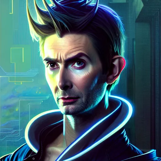 Image similar to portrait painting of a cyberpunk elven david tennant with thin pointy ears, ultra realistic, concept art, intricate details, eerie, highly detailed, photorealistic, octane render, 8 k, unreal engine. art by artgerm and greg rutkowski and charlie bowater and magali villeneuve and alphonse mucha