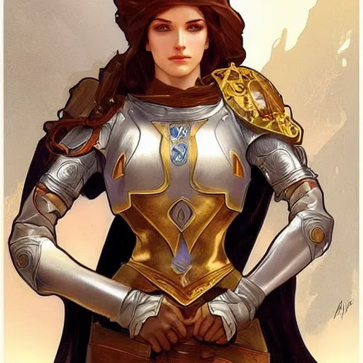 Prompt: female medieval knight concept design, fantasy, painted by alphonse mucha and artgerm, artstation