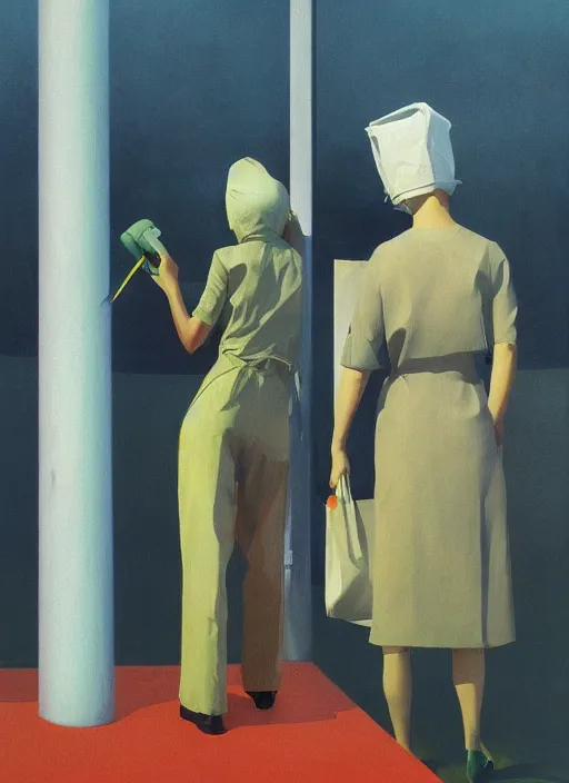 Image similar to women in paper bag over the head and a sward at gas station with portable oxygen tank Edward Hopper and James Gilleard, Zdzislaw Beksinski, highly detailed