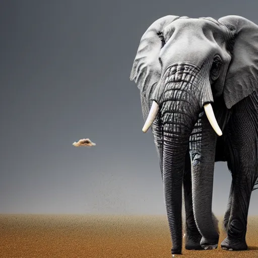 Image similar to an elephant turning into dust in the air, photorealistic