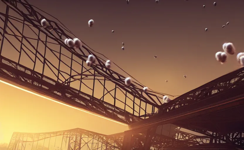 Image similar to explosions in the form of realistic cotton plants hit big harbour bridge, smooth, sharp focus, highly detailed, 3 d octane render, epic lighting, dark atmosphere, 8 k, by goro fujita
