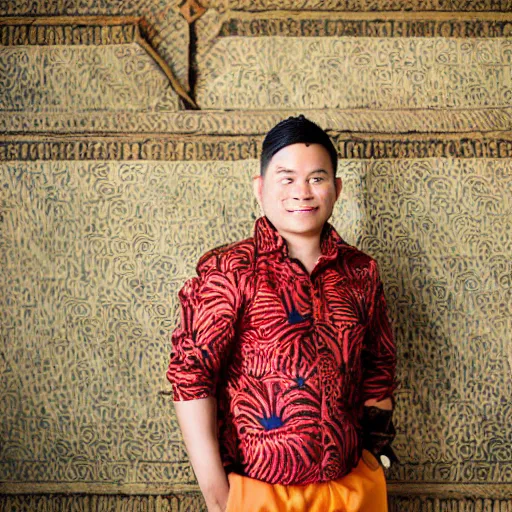 Prompt: A Photo Portrait of Joe Wearing Indonesian Batik Tulis at a fancy Balinese restaurant, award winning photography, sigma 85mm Lens F/1.4, blurred background, perfect faces