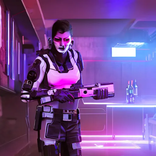 Image similar to A synthetic mercenary with human appearance and a gun drinking at a bar, night, cyberpunk city, purple neon, bladerunner, hyperrealistic, 8k render, cinematic lightning, ultra hd