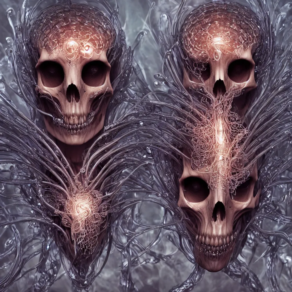 Image similar to close-up macro portrait of the face of a beautiful princess with animal skull mask, epic angle and pose ribcage skeleton, symmetrical artwork, 3d with depth of field, blurred background, cybernetic jellyfish female face skull phoenix bird, translucent, nautilus, energy flows of water and fire. a highly detailed epic cinematic concept art CG render. made in Maya, Blender and Photoshop, octane render, excellent composition, cinematic dystopian brutalist atmosphere, dynamic dramatic cinematic lighting, aesthetic, very inspirational, arthouse. y Greg Rutkowski, Ilya Kuvshinov, WLOP, Stanley Artgerm Lau, Ruan Jia and Fenghua Zhong