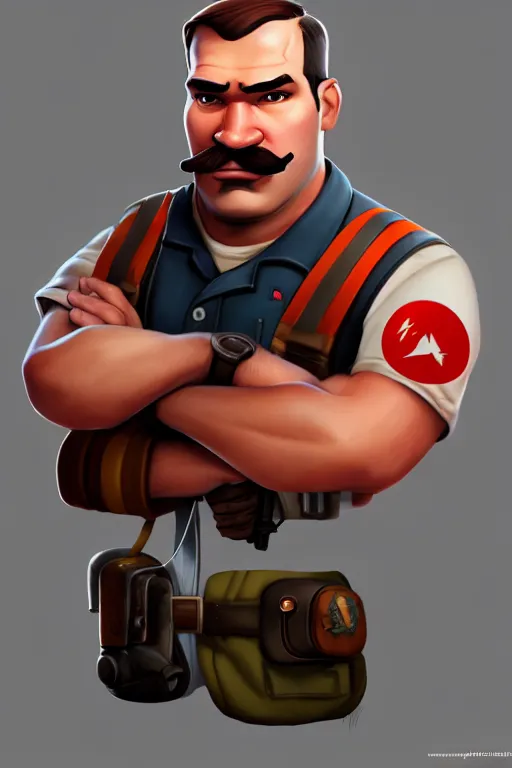 Image similar to beautiful highly detailed realistic stylized character portrait team fortress 2 engineer, detailed character art master portrait, trending on artstation