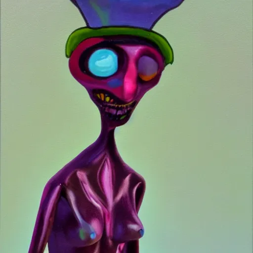 Prompt: a creepy mannequin in the style of Courage the Cowardly Dog, oil on canvas,
