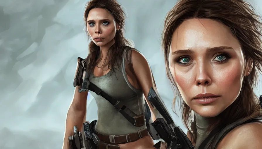 Image similar to elizabeth olsen is lara croft from tomb raider, grey background, hyperdetailed, artstation, cgsociety, 8 k