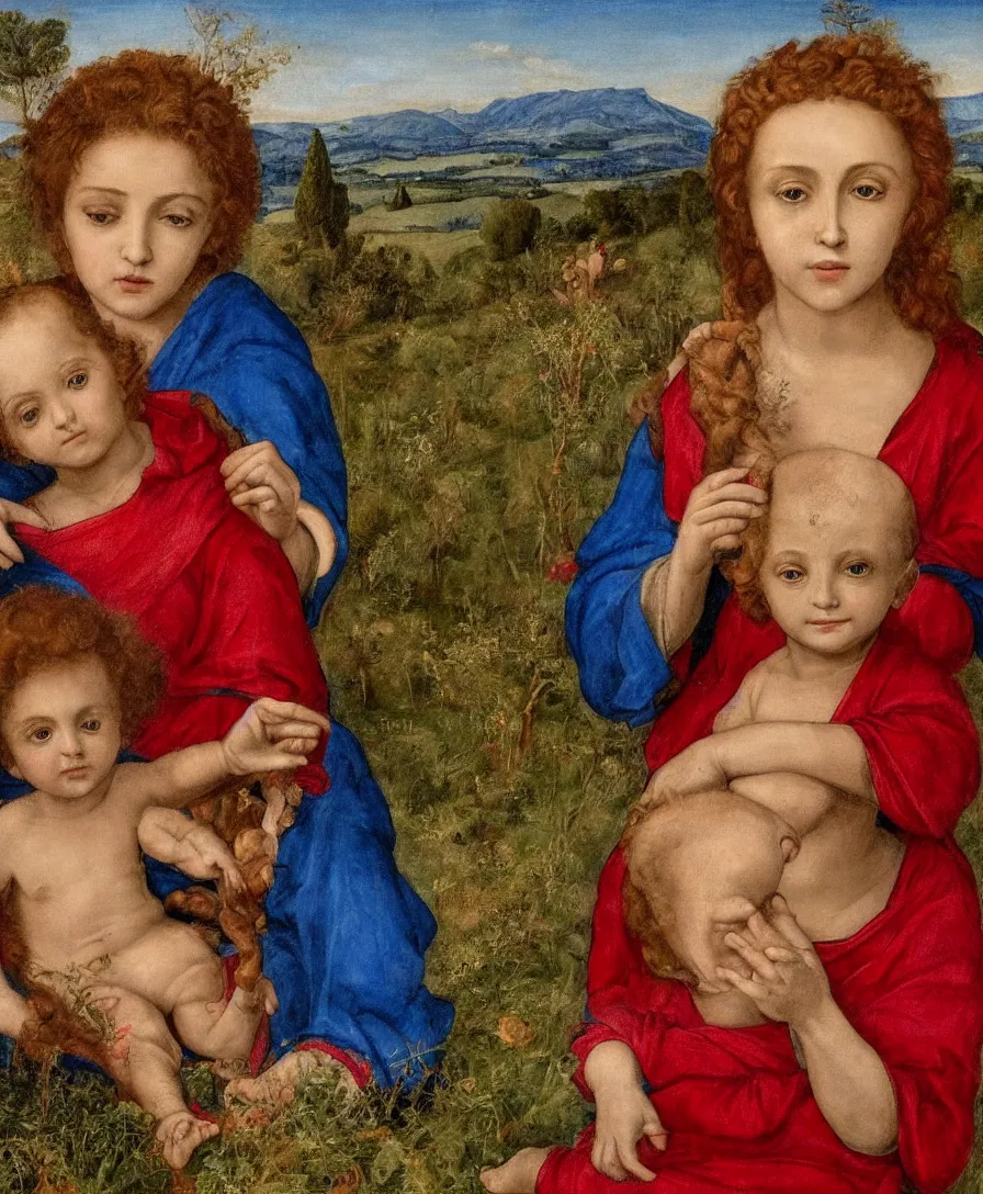 Prompt: Detailed Portrait of Madonna, curly red hair red shirt blue cloth, with infant Jesus, holding a thin cross and talking with another boy in front in the style of Raffael. They are sitting in a dried out meadow trees near Florence tuscany, red poppy in the field. The horizon is blue, there is a blue lake with a town and blue mountains. Flat perspective.