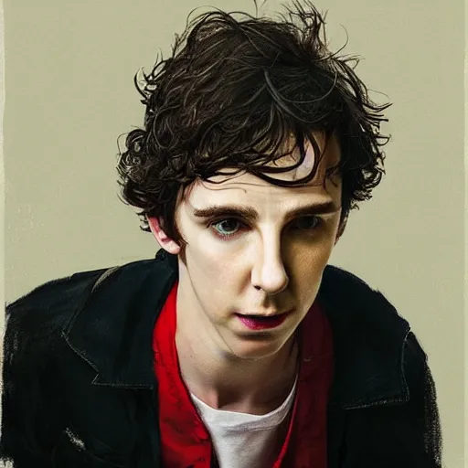 Prompt: portrait of a hybrid of benedict cumberbatch and freddie highmore and timothee chalamet, black shirt with red suspenders, concert, stage background, singer, photo realistic, highly detailed, perfect face, art by greg rutkowski