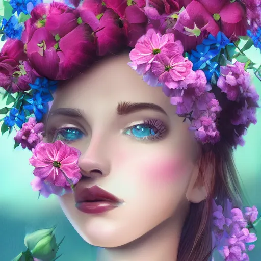 Prompt: a picture of a dreaming woman with flowers roses peonies forget-me-nots dahlias lupins gladioli grow out of hair, sky theme in background, Digital Art, Trending on artstation