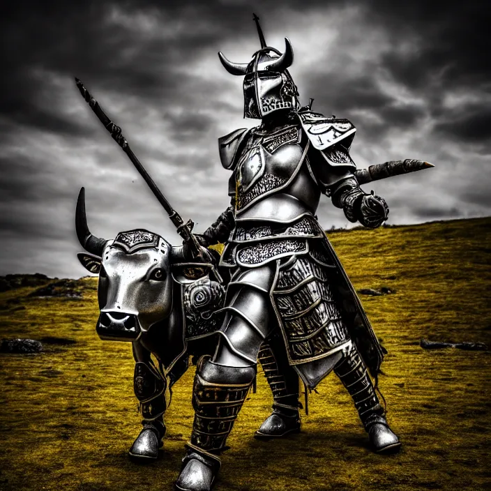 Prompt: photo of a warrior with metal cow themed armour, highly detailed, 4 k, hdr, smooth, sharp focus, high resolution, award - winning photo