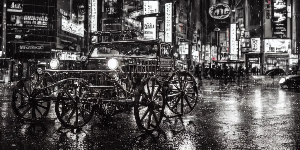 Prompt: close up macro shot of a roman charriot on wet tokyo street at night, intricate, hyper detailed, smooth, dramatic lighting, cinematic