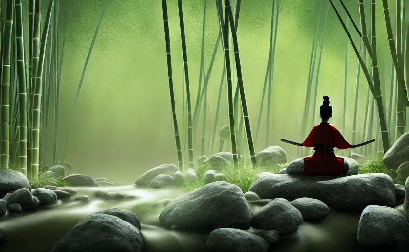 Prompt: a samurai meditating in a snowy bamboo forest, small flowing stream, cinematic action angle, 8k Octane render, ArtStation illustration