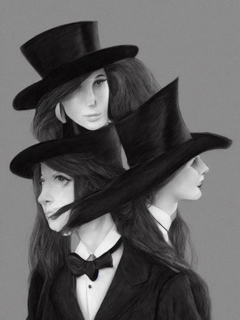 Image similar to elegant long hair lady wearing gentleman suit and tophat portrait photorealism noir