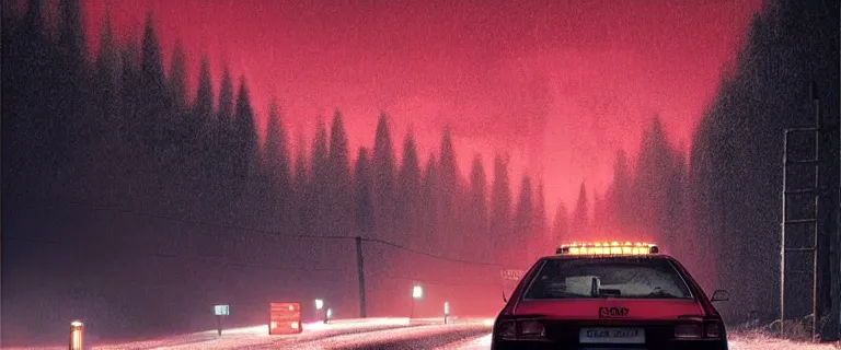 Image similar to Audi A4 B6 Avant (2002), a gritty neo-noir, dramatic bright lighting, cinematic, establishing shot, extremely high detail, photorealistic, cinematic lighting, artstation, by simon stalenhag, Snowy italian road, Snowy Alps, car crash, At night, Poets of the Fall - Late Goodbye