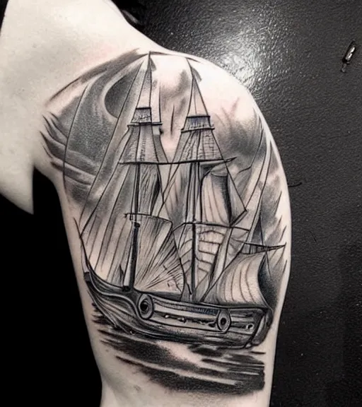 Prompt: A realistic black and white tattoo design sketch of a pirate ship, highly detailed tattoo, shaded tattoo, hyper realistic tattoo