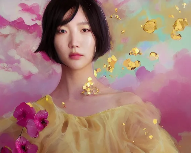 Prompt: lee jin - eun in elegant chic interstellar lush dress emerging from gold gold by martine johanna, michael garmash and katsuhiro otomo, rule of thirds, seductive look, beautiful, cotton candy clouds, puyallup berteronian, himalayan poppy flowers, gorgeous, face anatomy, masterpiece, refined, cute complexity