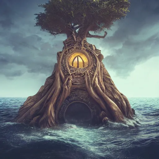 Prompt: a massive tree that has a door inside of it, the doorway opens and it's a portal that shows pirate ships in the open ocean sea, bright skies, cinematic, epic, dramatic lighting from above, fantasy, dust, unreal engine, octane, highly detailed, concept art, dark, super realistic
